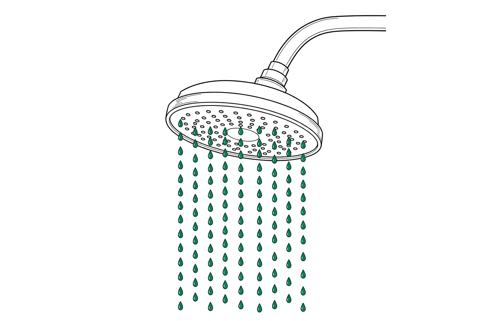 A shower head with water drops falling from it.